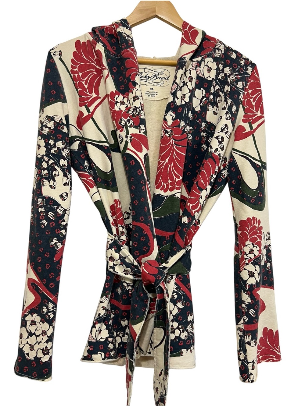 Vtg Y2K Lucky Brand Floral Hooded Kimono Cardigan Waist Tie Flared Sleeve Medium